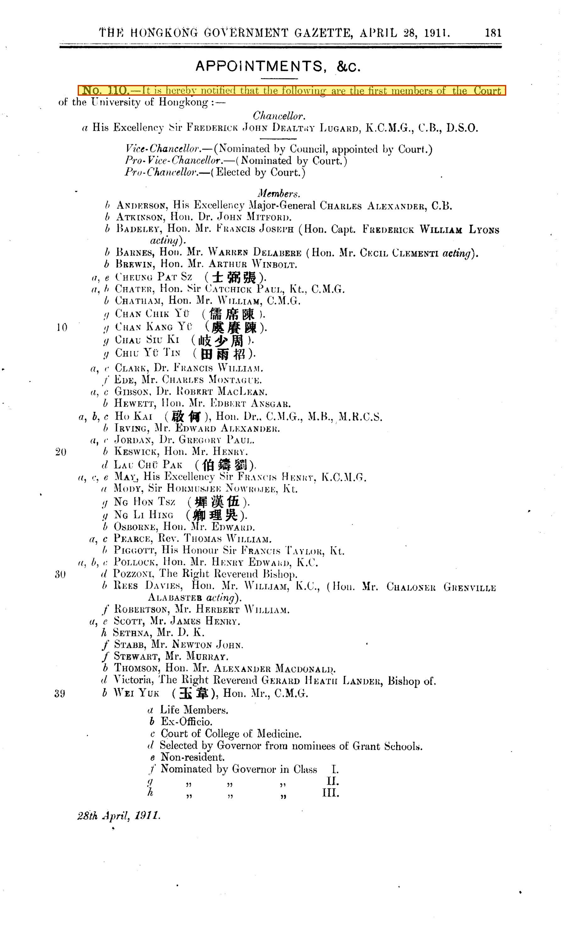 Gazette No. 110, 28 April 1911, printed p. 181: first Court list