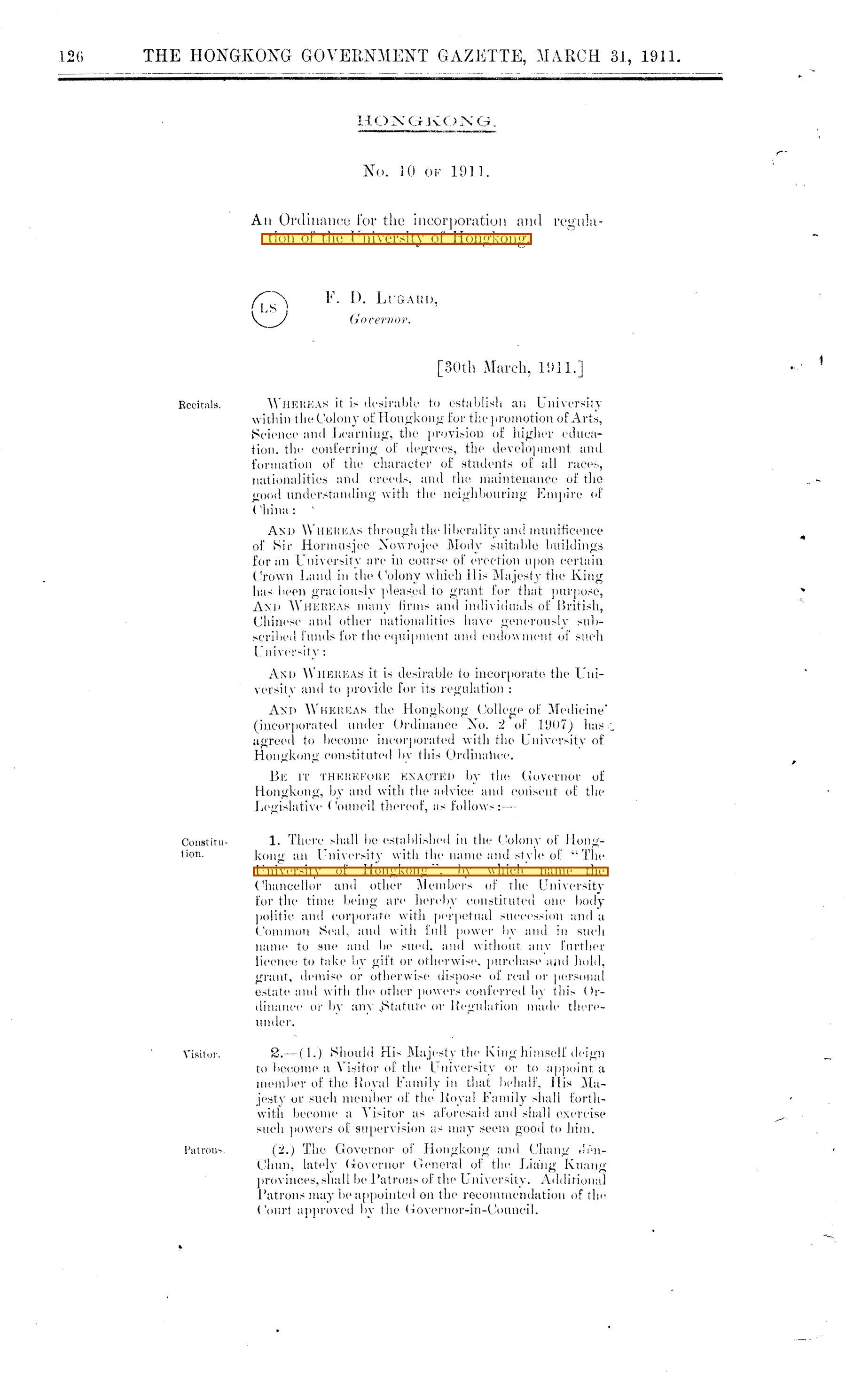 Ordinance No. 10 of 1911 leaf: assent 30 March 1911