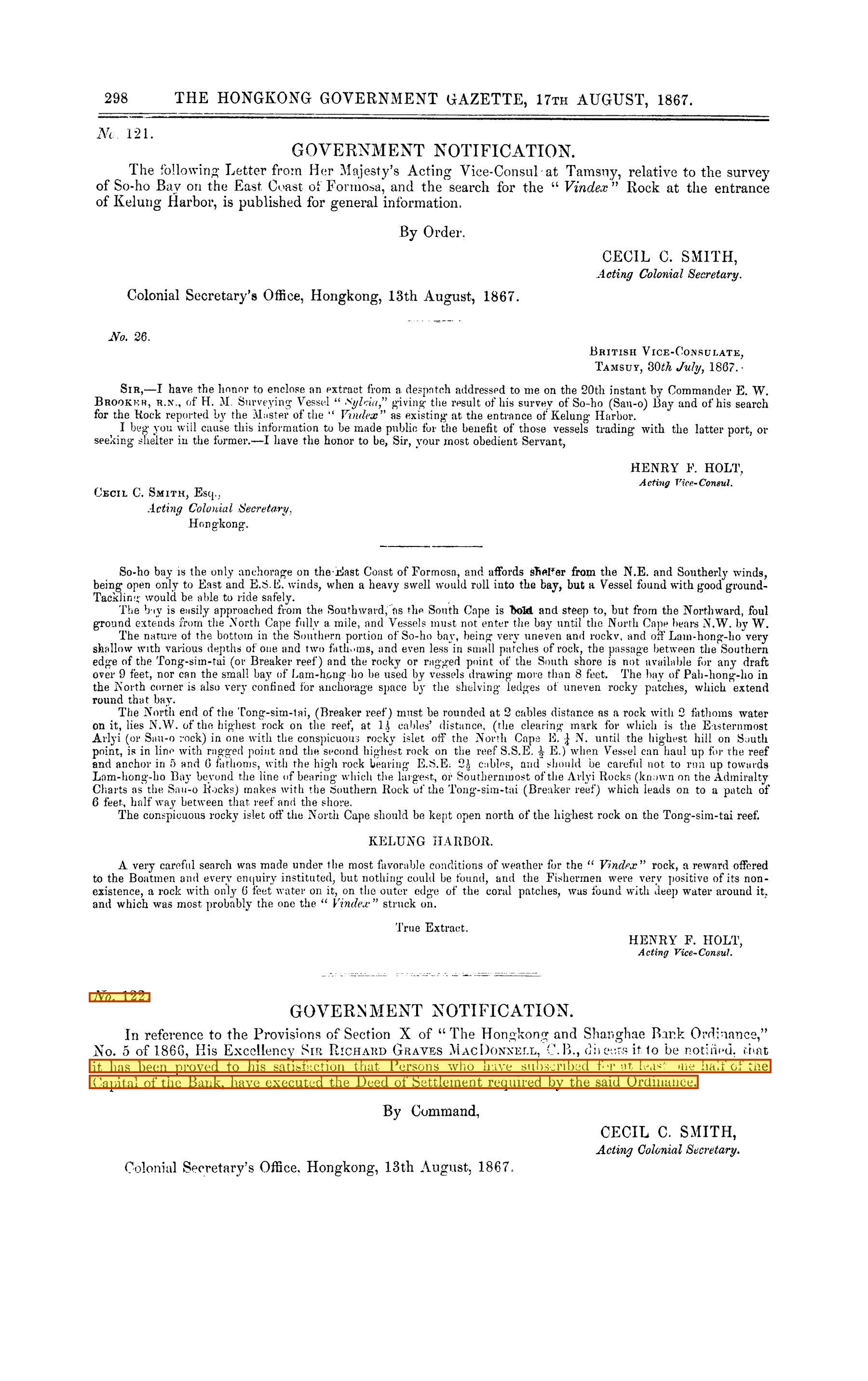 Deed of Settlement certified, G.N. 122, Gazette 17 August 1867
