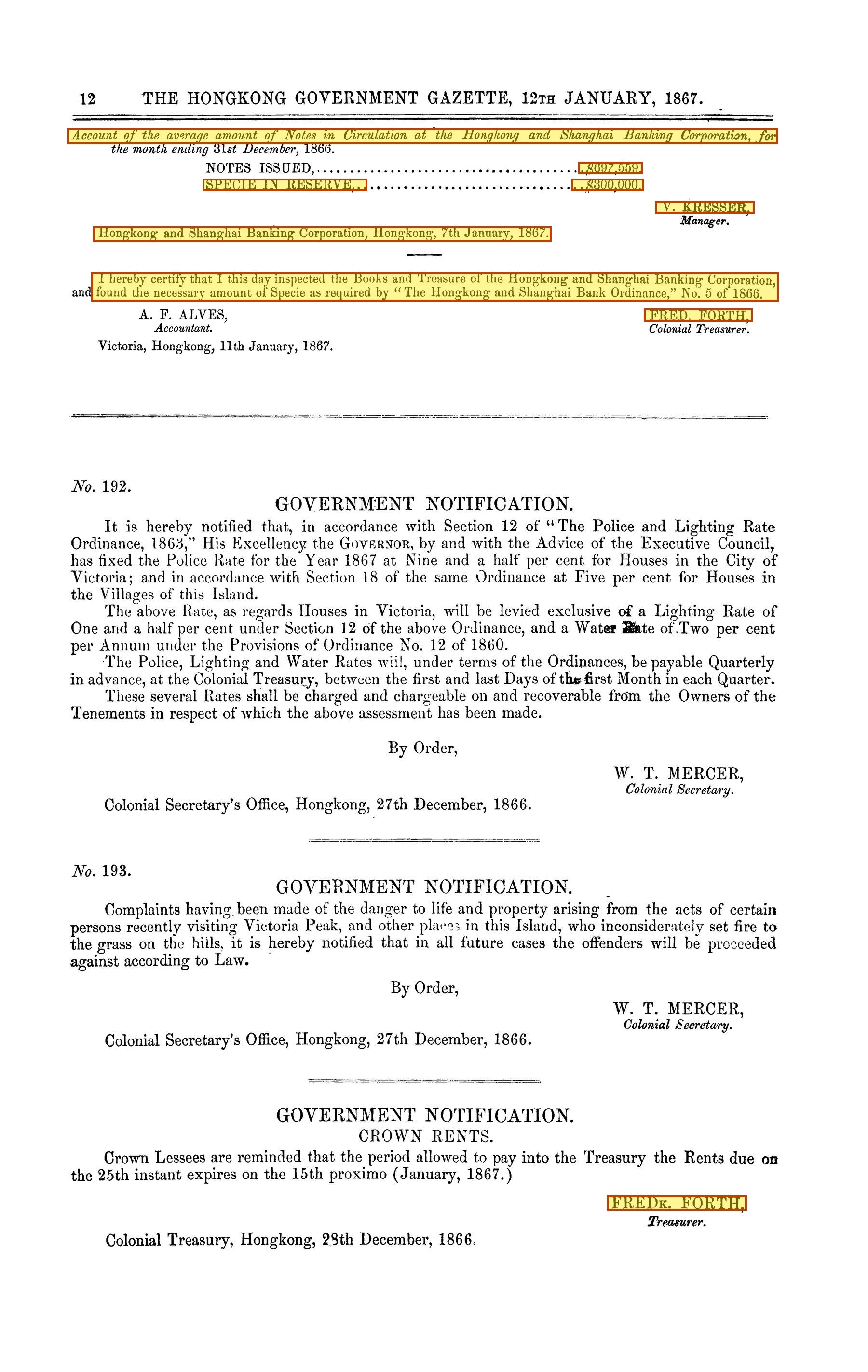 First statutory note return, Gazette 12 January 1867