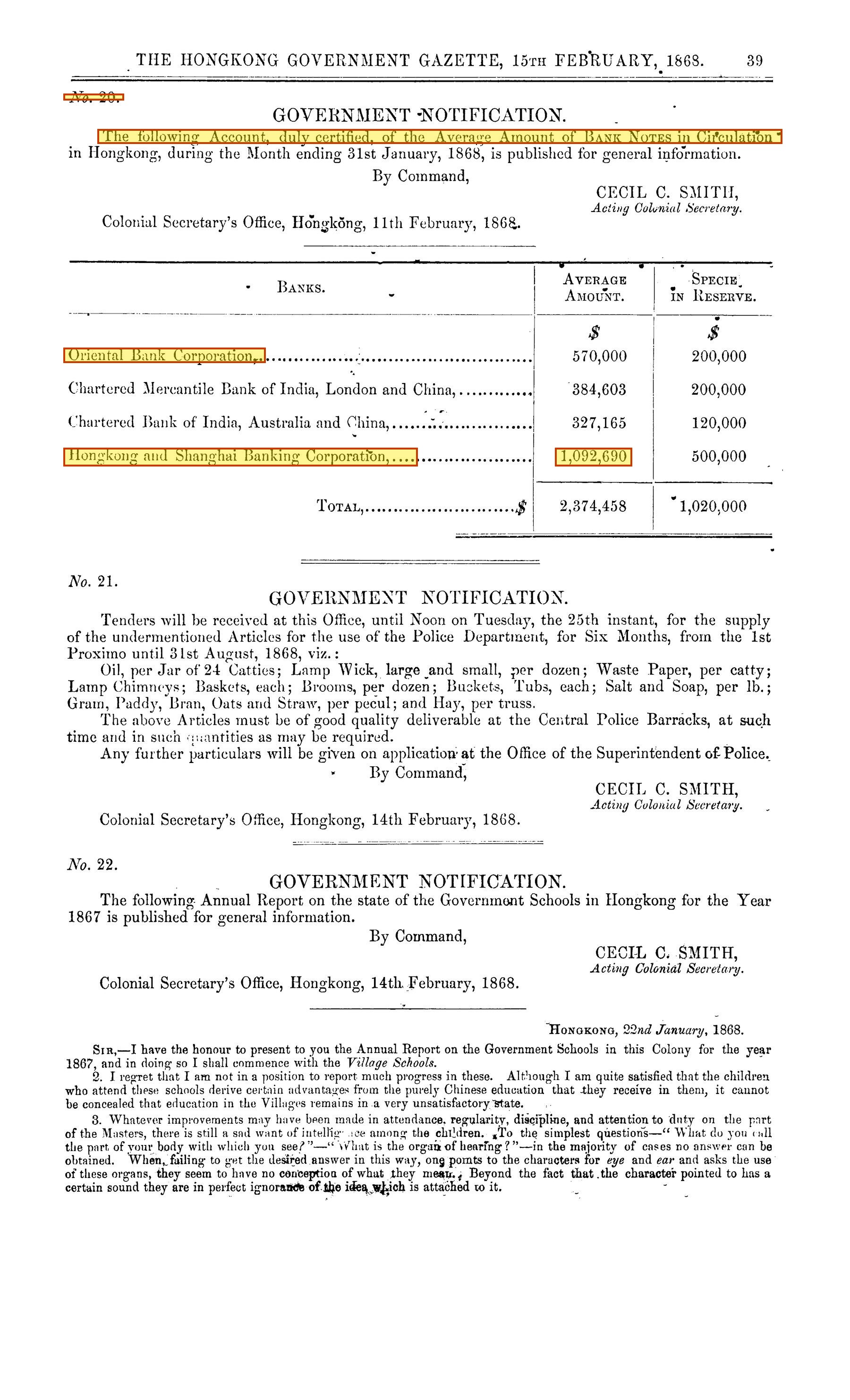 G.N. 20 bank-note table, Gazette 15 February 1868