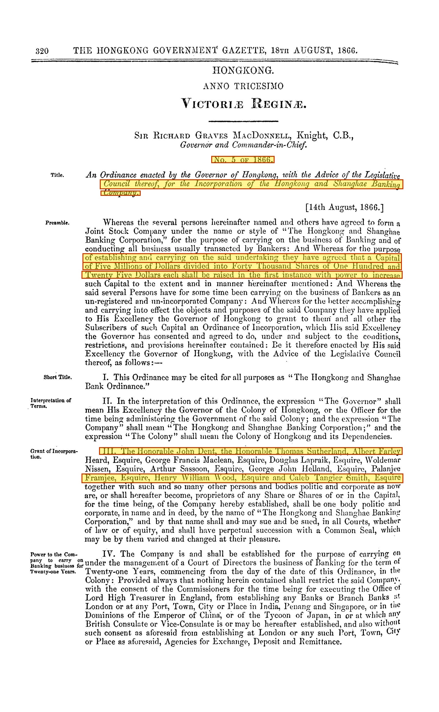 Ordinance No. 5 of 1866, Gazette 18 August 1866