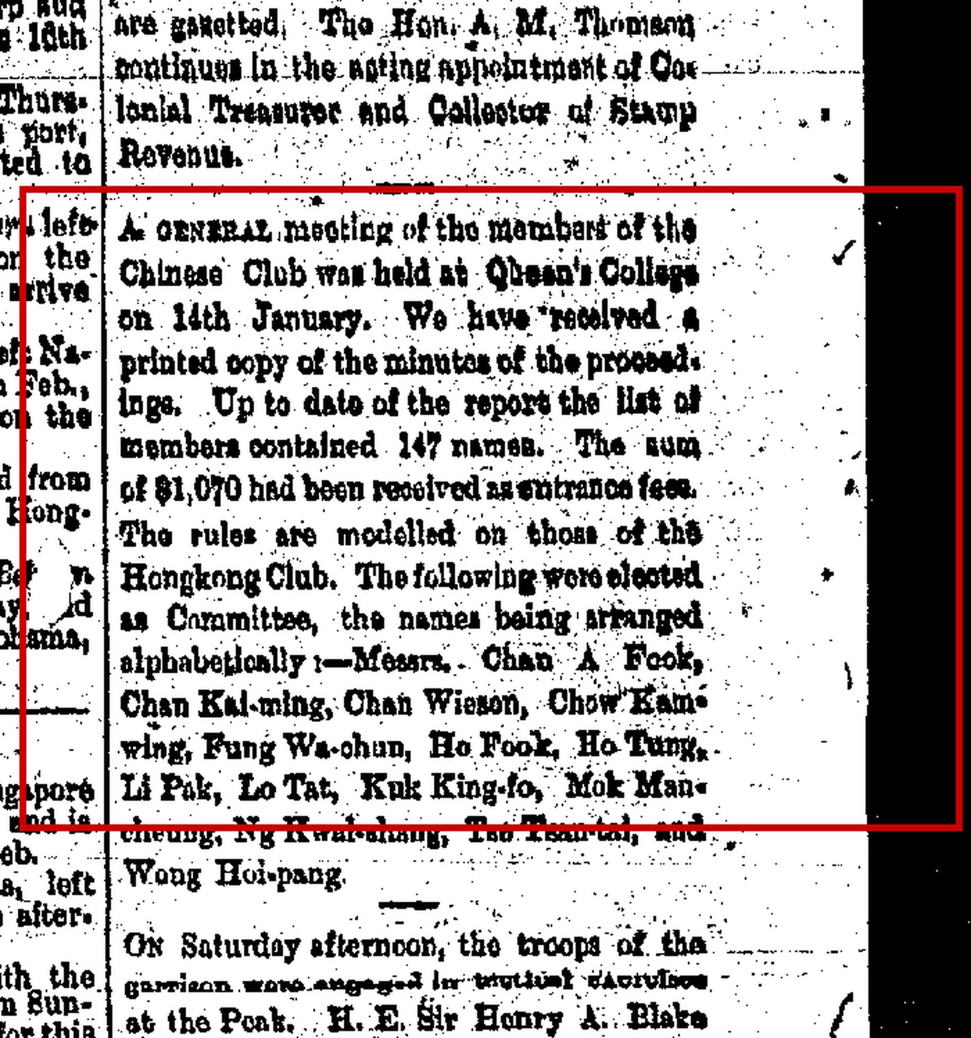 China Mail, 20 February 1899: the Chinese Club minutes column