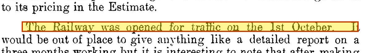 Administrative Report 1910, Appendix R, with the sentence 'The Railway was opened for traffic on the 1st October' highlighted.