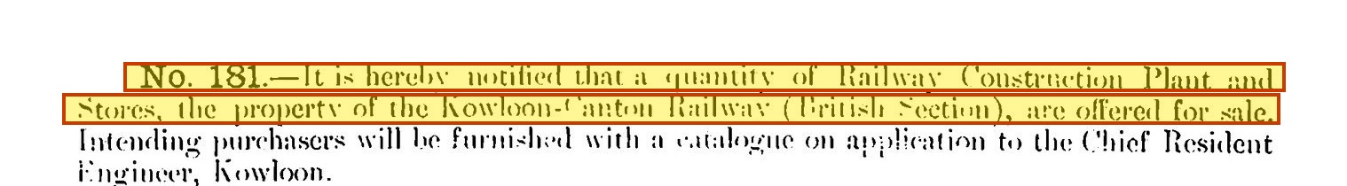 Government Gazette of 10 June 1910, Notification No. 181, the notice of sale of plant and stores, with the opening lines highlighted.