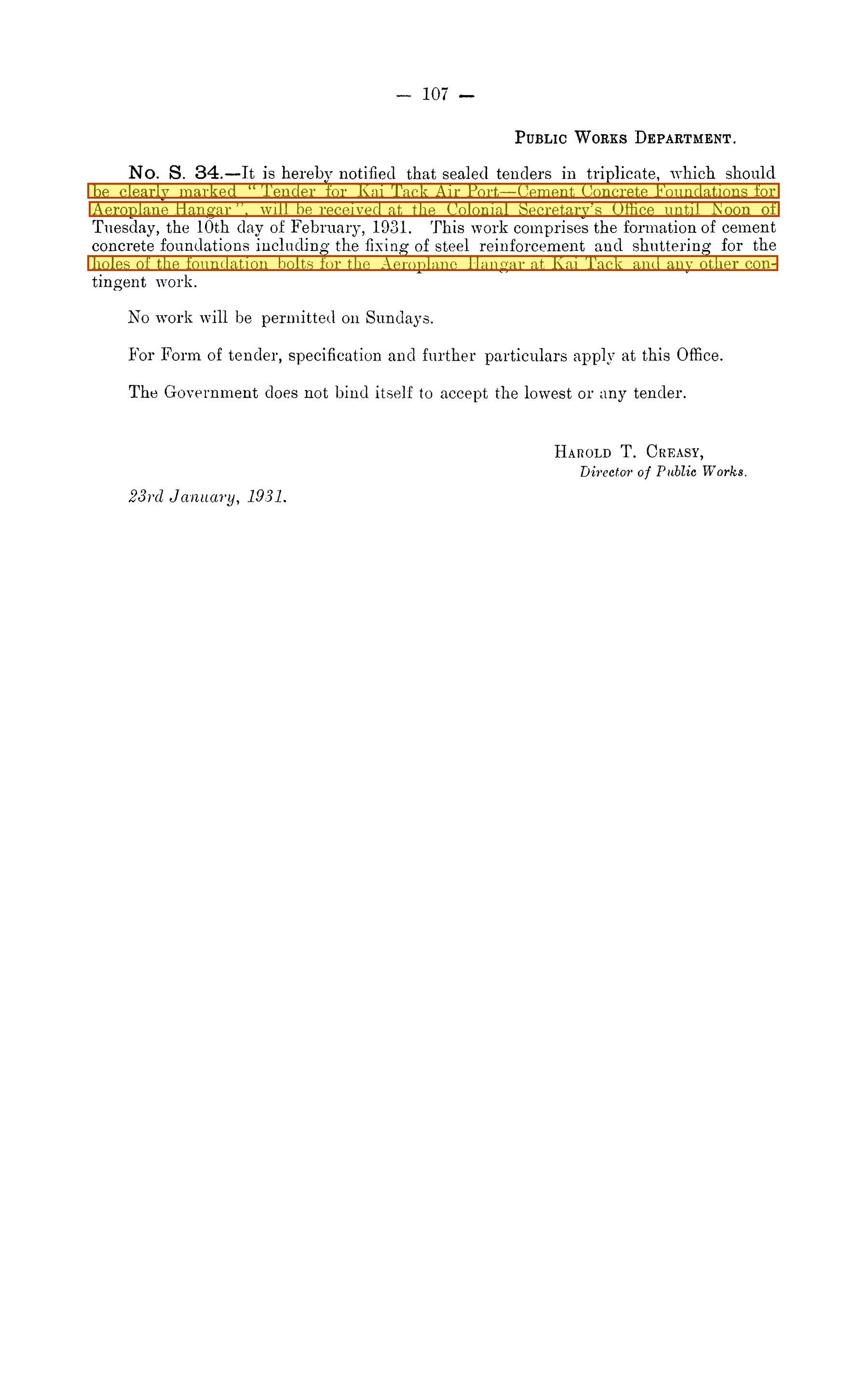Government Gazette, 23 January 1931 — the Kai Tack Air Port hangar tender