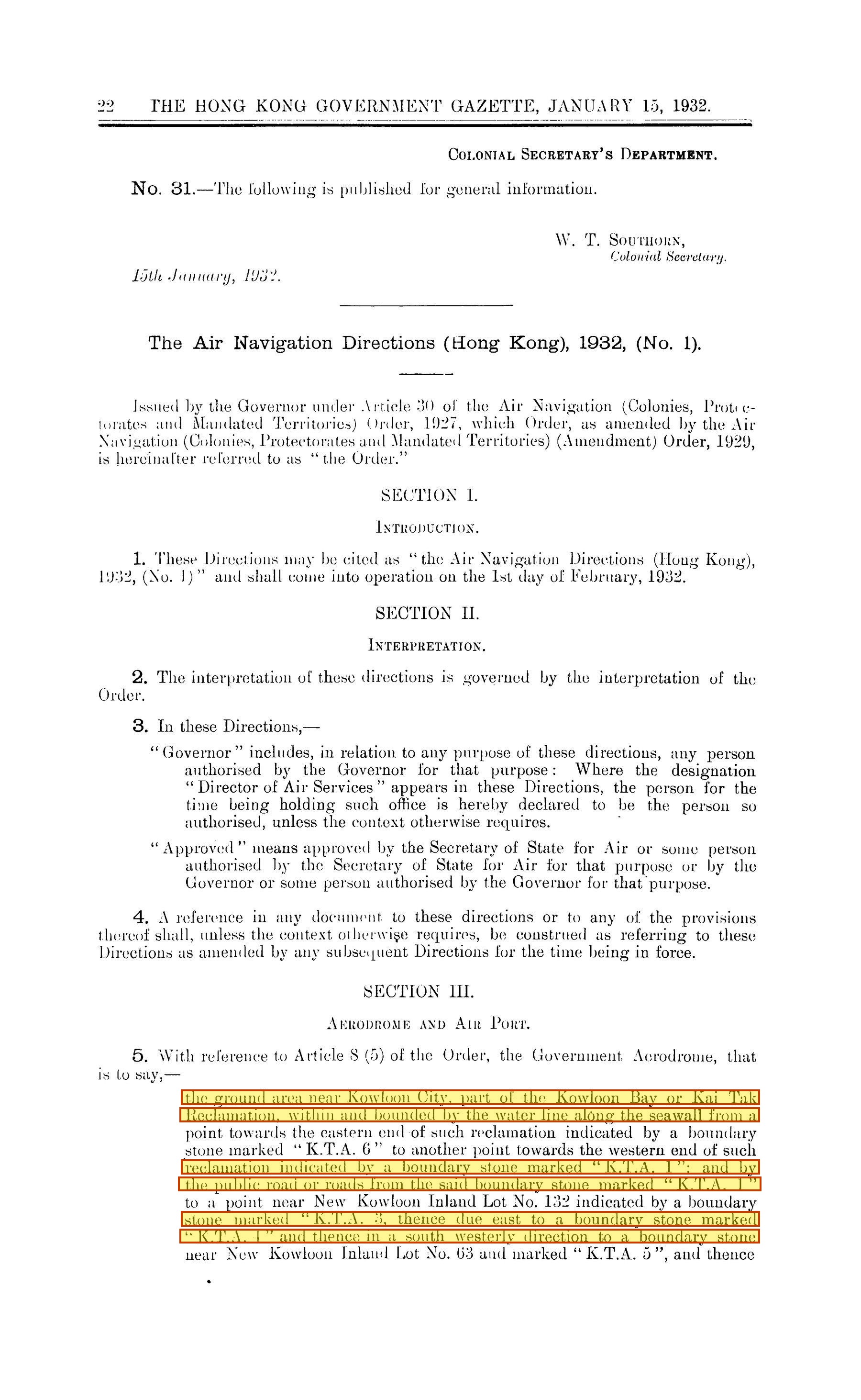 Government Gazette, 15 January 1932 — the aerodrome defined by boundary stones