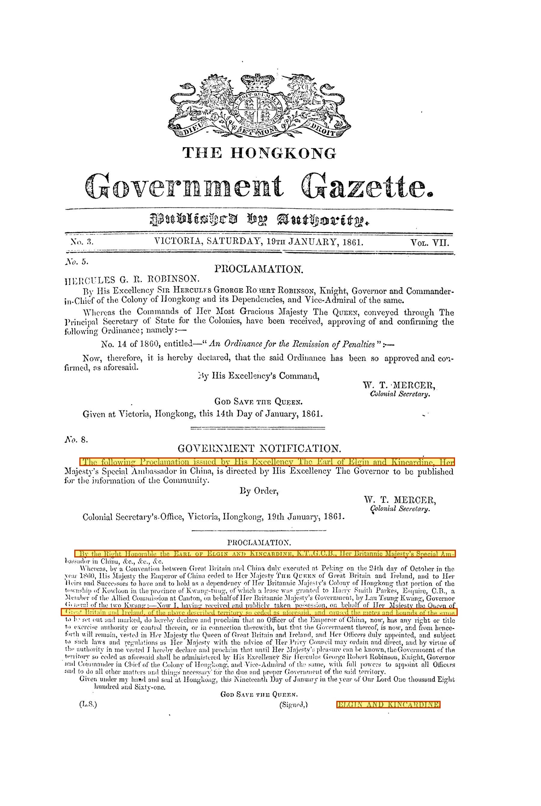 Gazette No. 3, 19 January 1861: Elgin's proclamation of possession