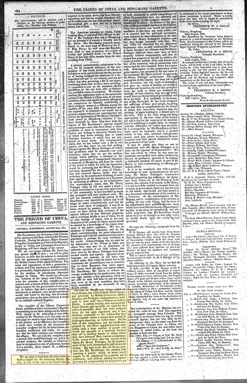 Friend of China, 28 August 1844: Upper Bazaar retrospective and chapel note