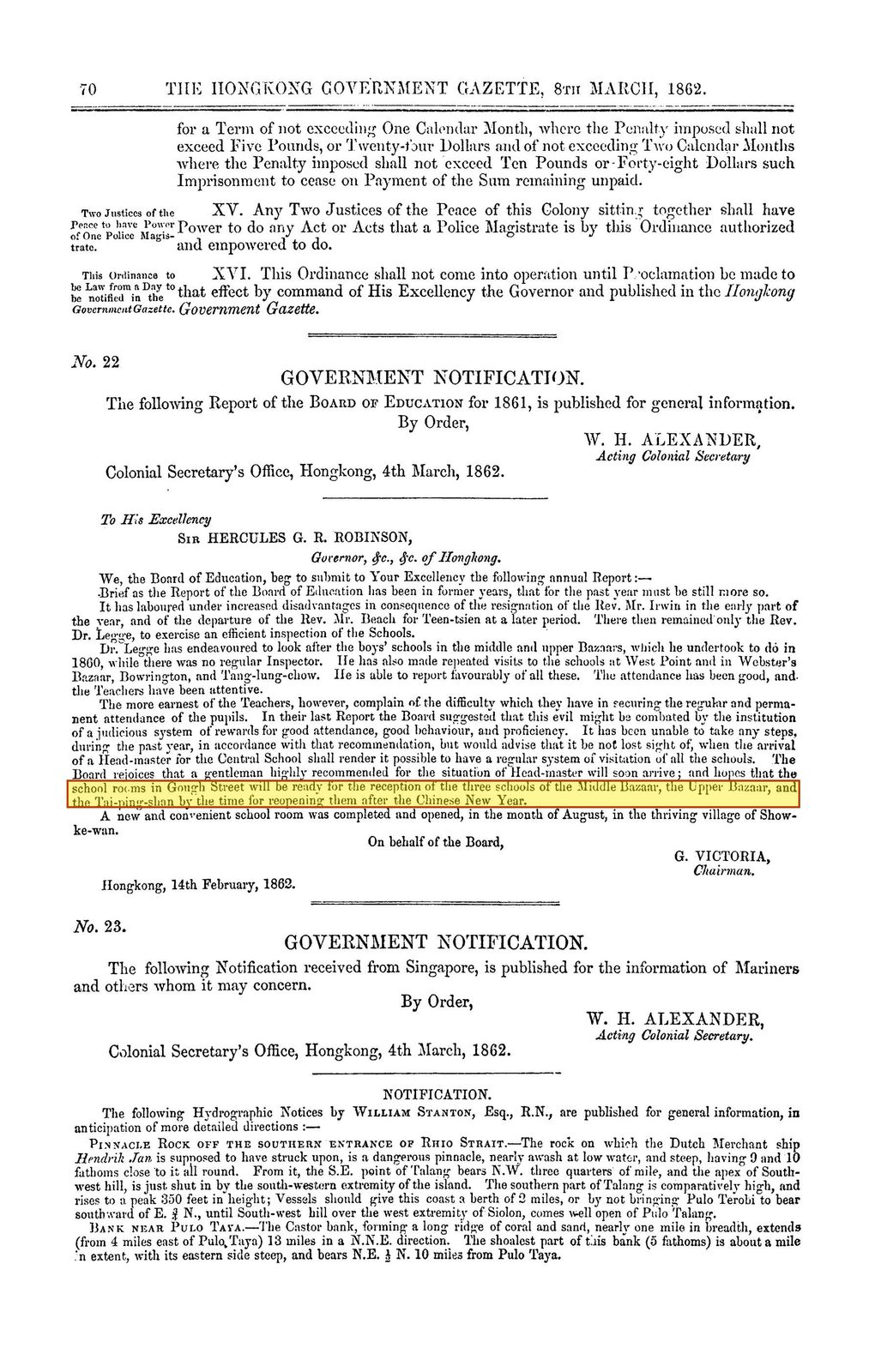 Gazette No. 22, 8 March 1862: three schools of Middle Bazaar, Upper Bazaar, Tai-ping-shan