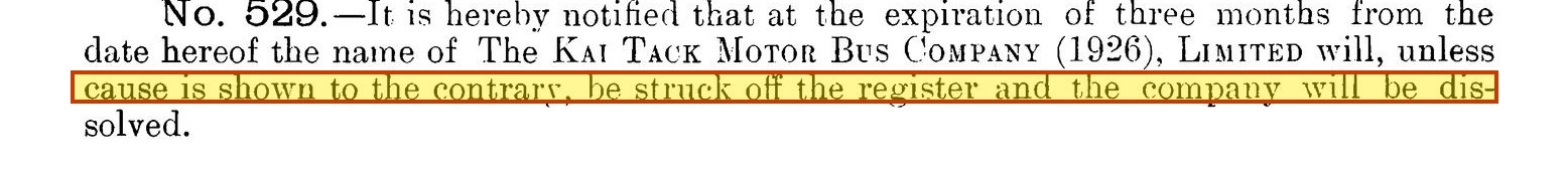 Gazette Notification No. 529 of 4 August 1933, with the strike-off warning highlighted.