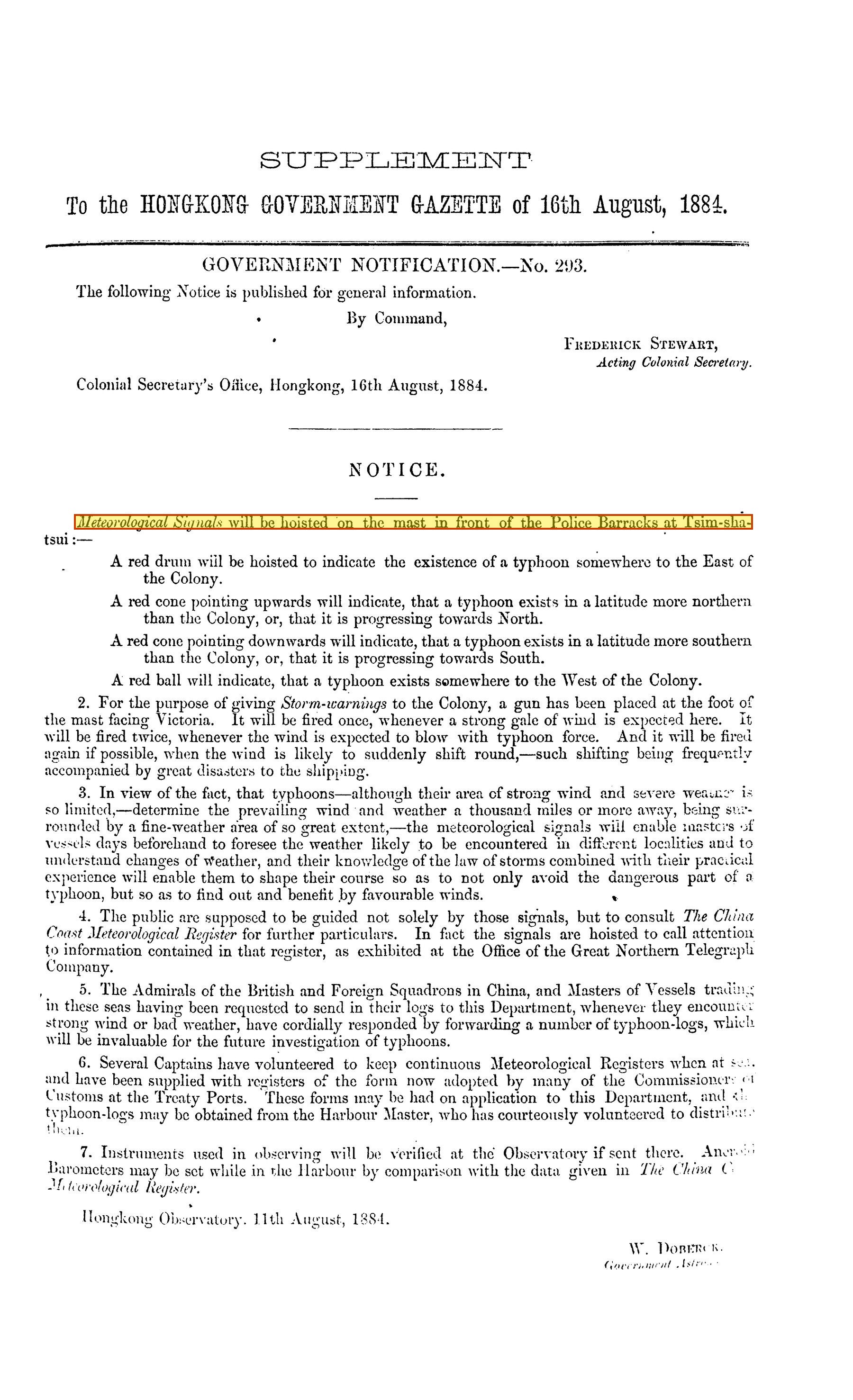 1884 Notice of Meteorological Signals, mast phrase boxed
