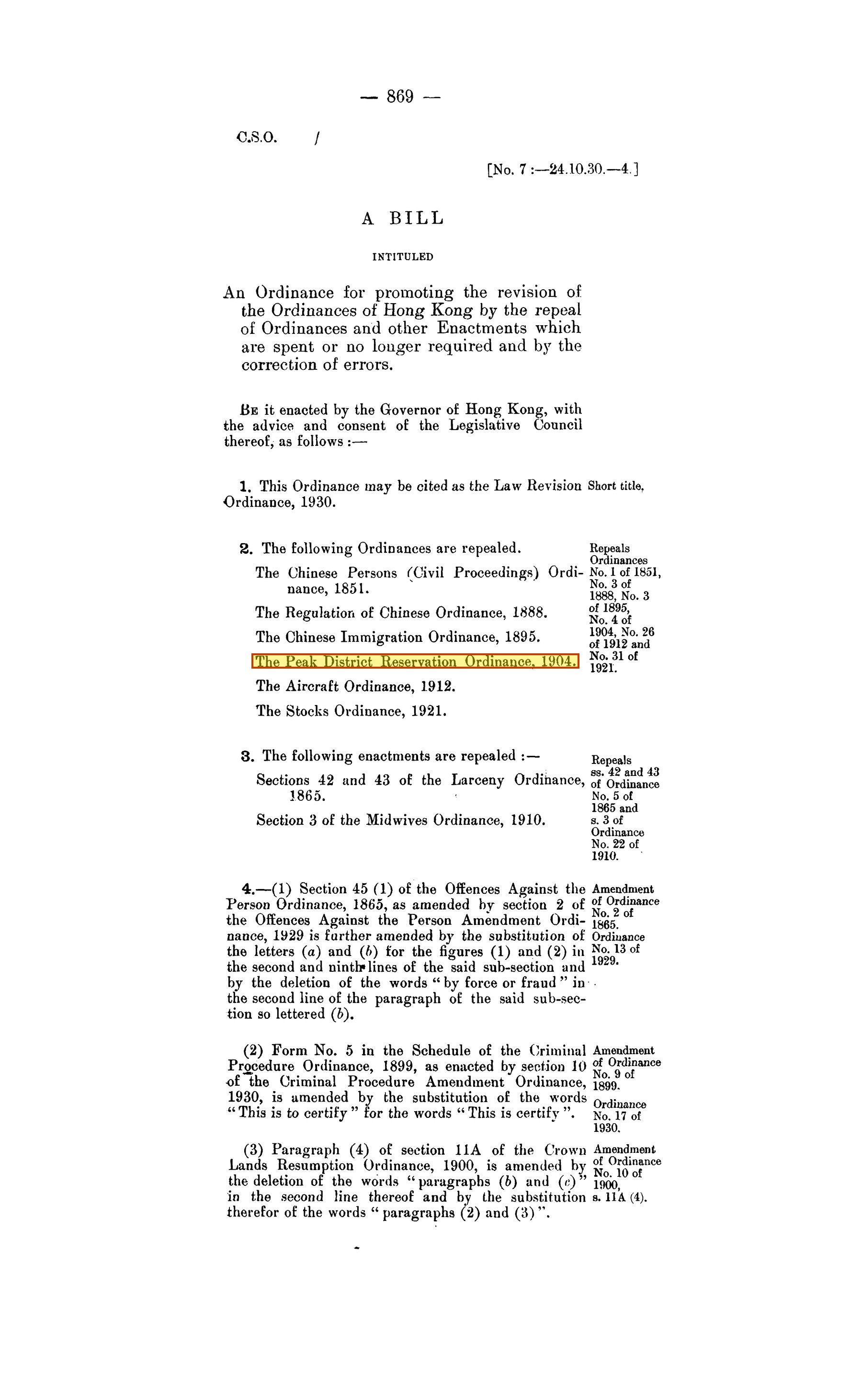Law Revision Ordinance bill 1930 — s.2 repeals list with the 1904 Peak law boxed