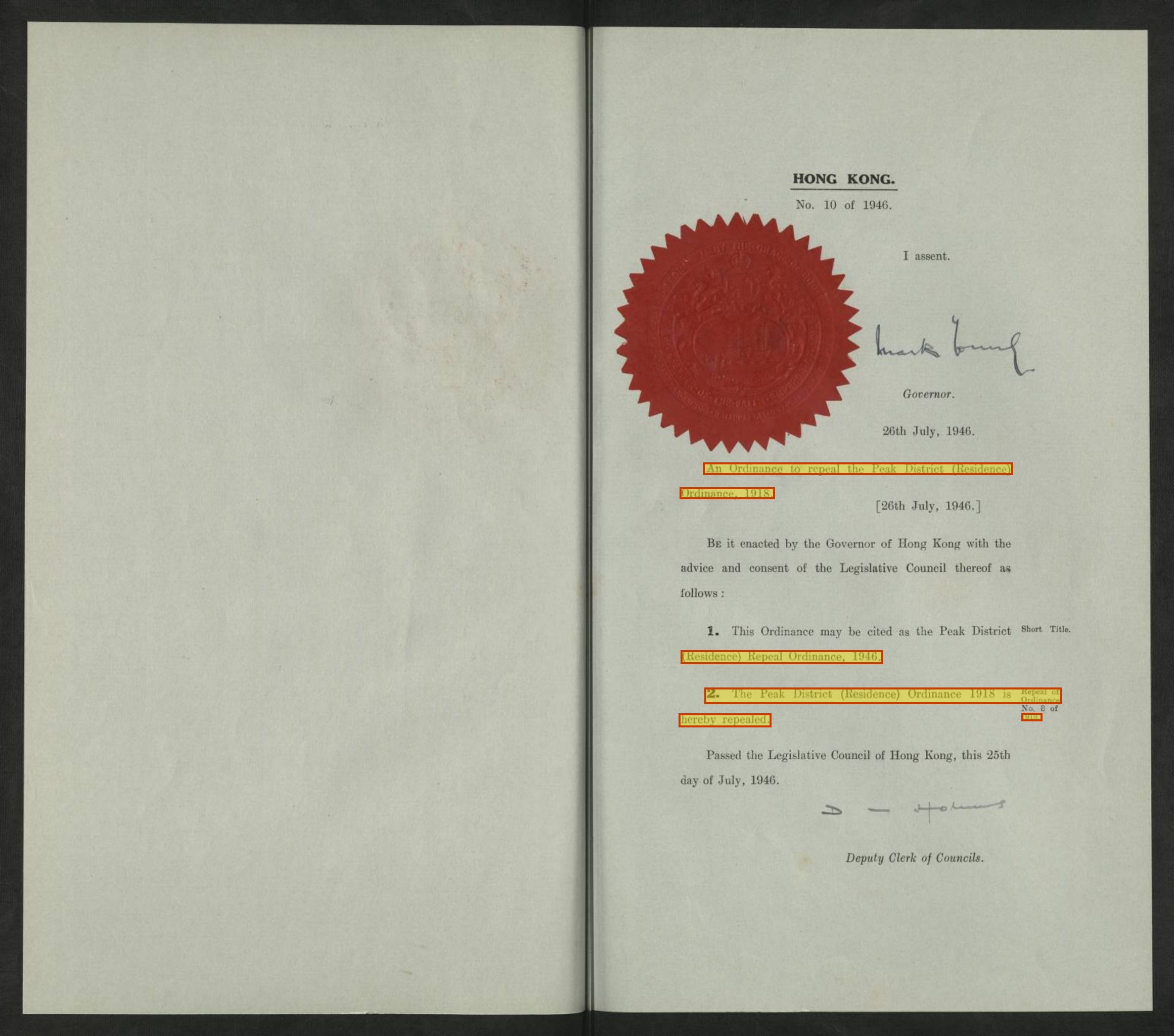 Peak District (Residence) Repeal Ordinance No. 10 of 1946 — assented text with s.2 repealing clause boxed