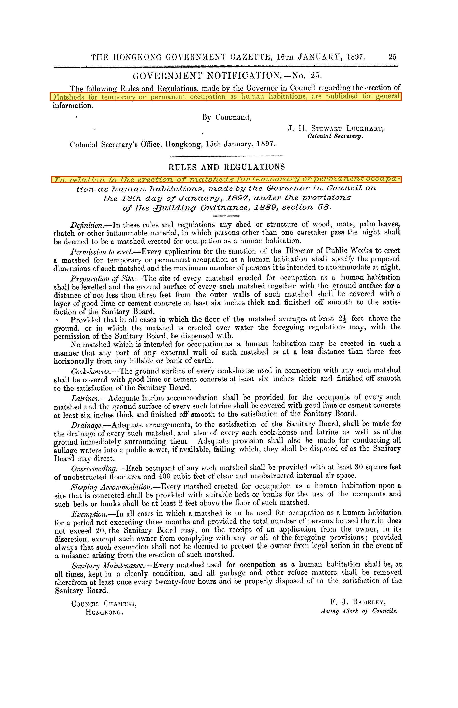 Gazette 16 January 1897, Notification No. 25