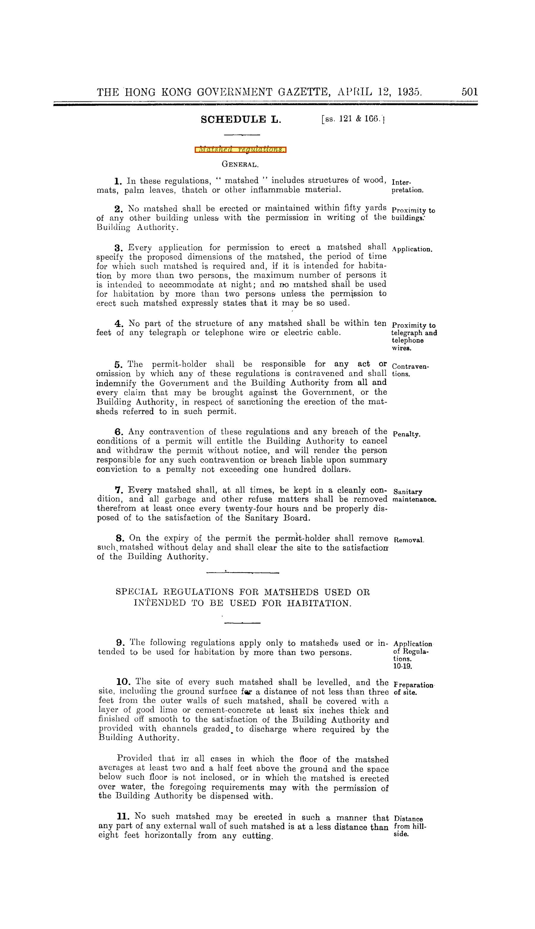 Gazette 12 April 1935, Schedule L