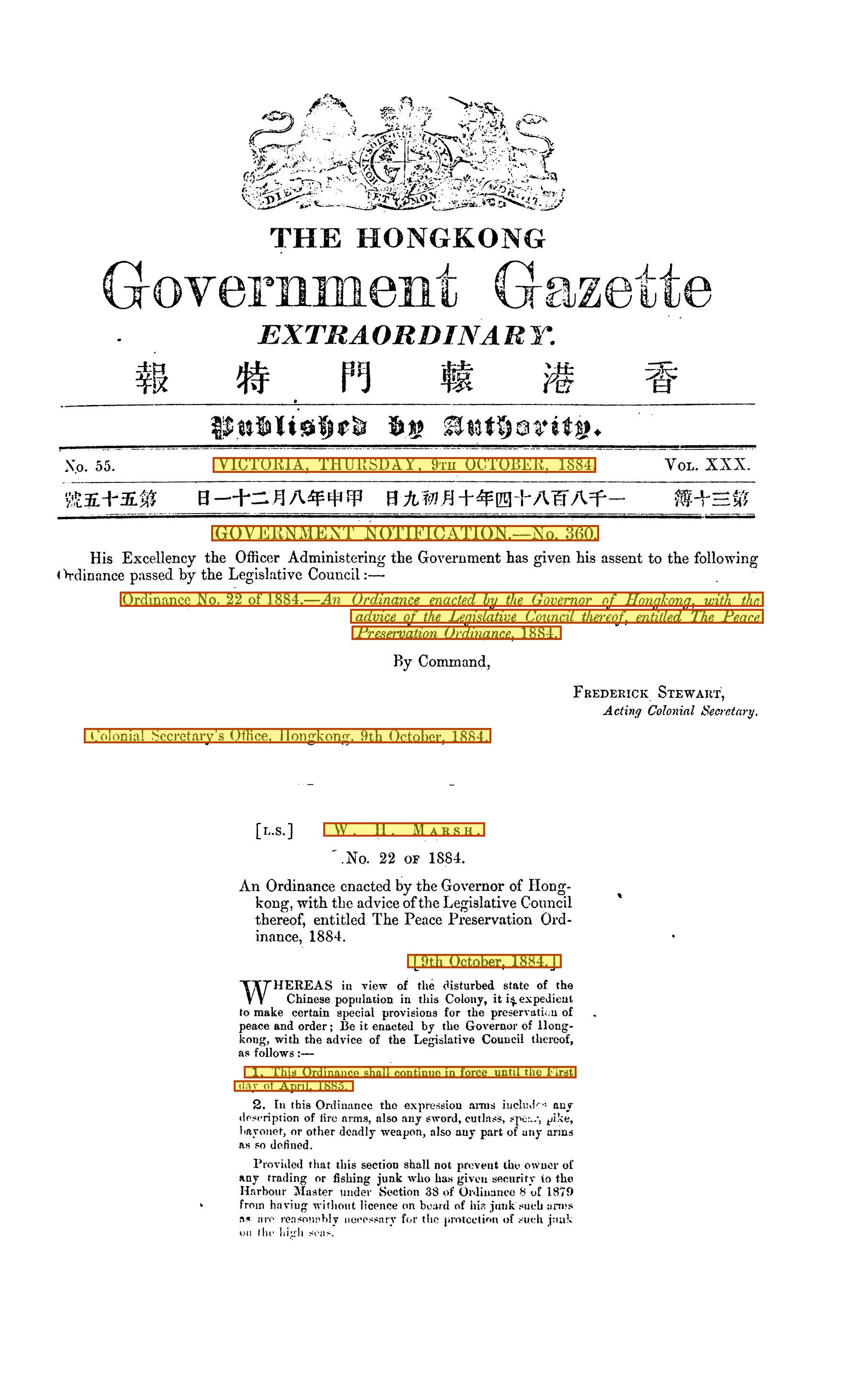 Gazette Extraordinary No. 55, 9 October 1884, p.765: the assent notification