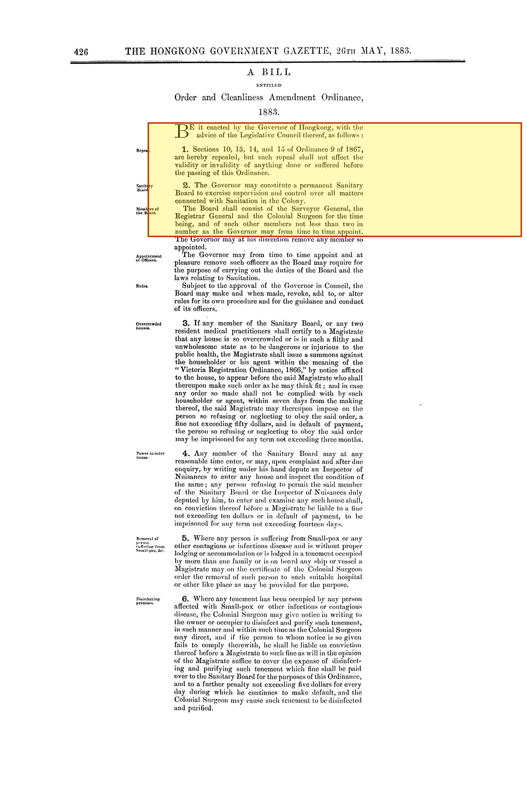 The 1883 Sanitary Board Bill