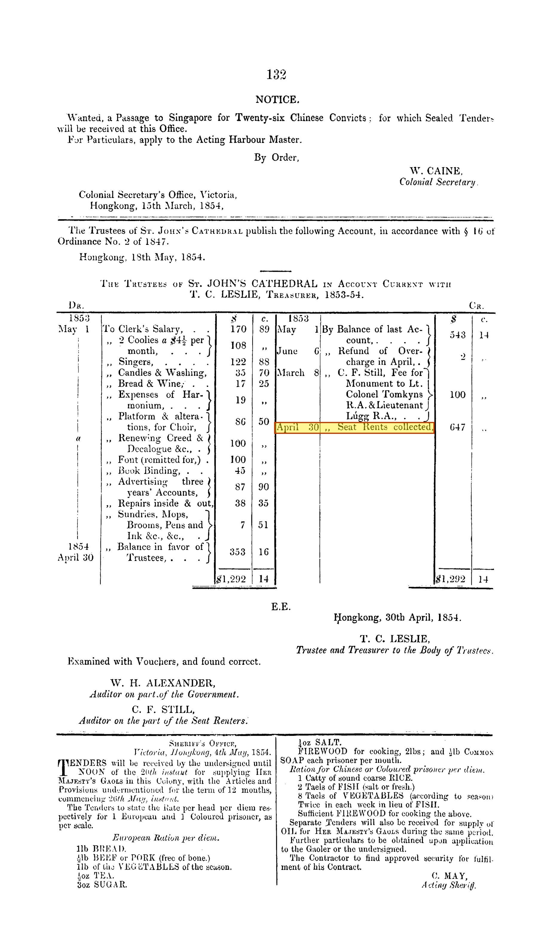 Gazette 18 May 1854, the trustees' account of St John's Cathedral
