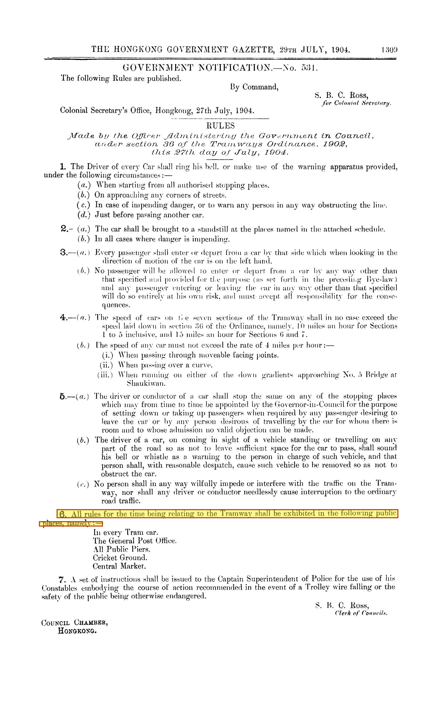The Hongkong Government Gazette, 29 July 1904, p. 1309: Notification No. 531, the Rules