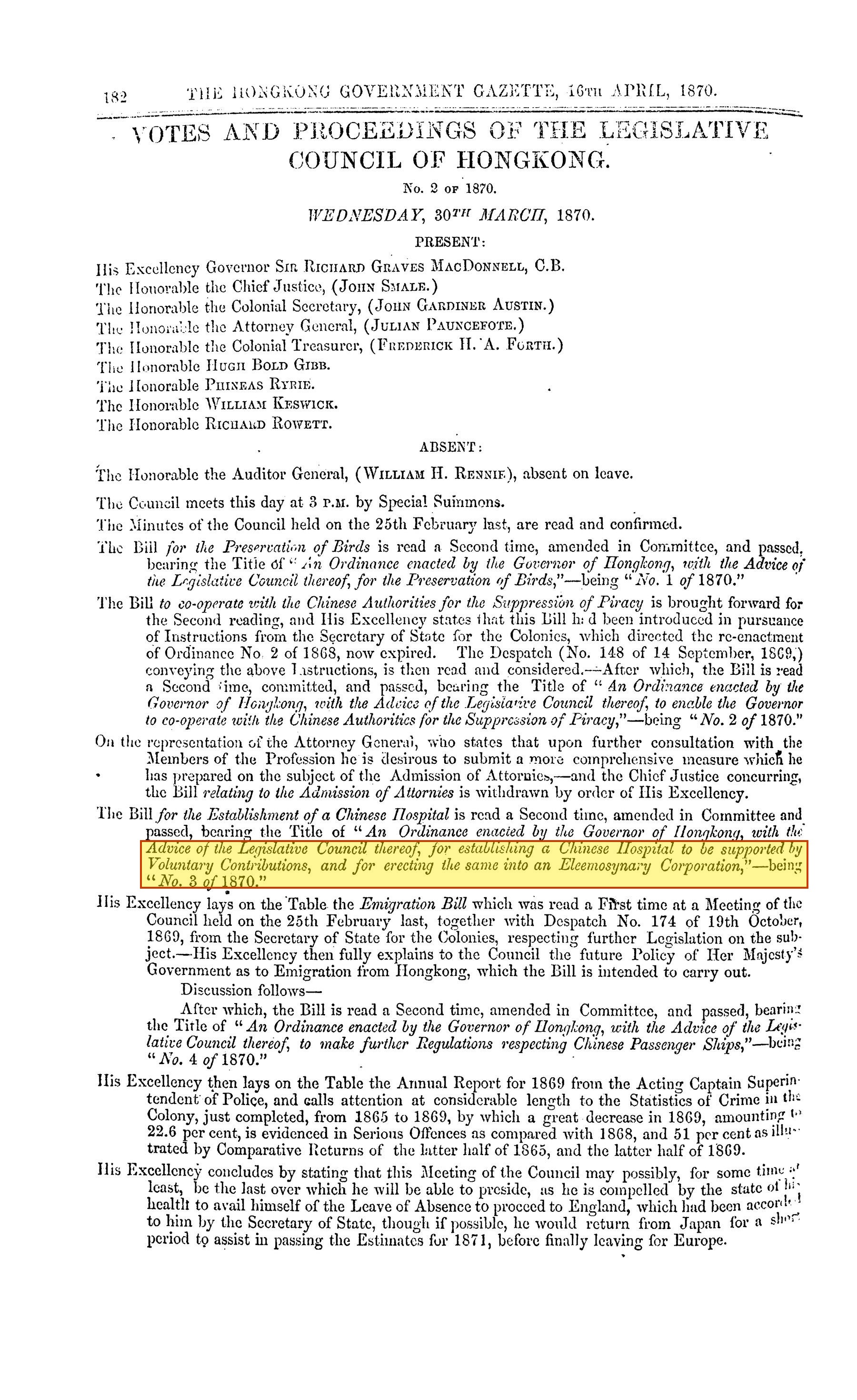 Gazette 16 April 1870, passage of the bill highlighted