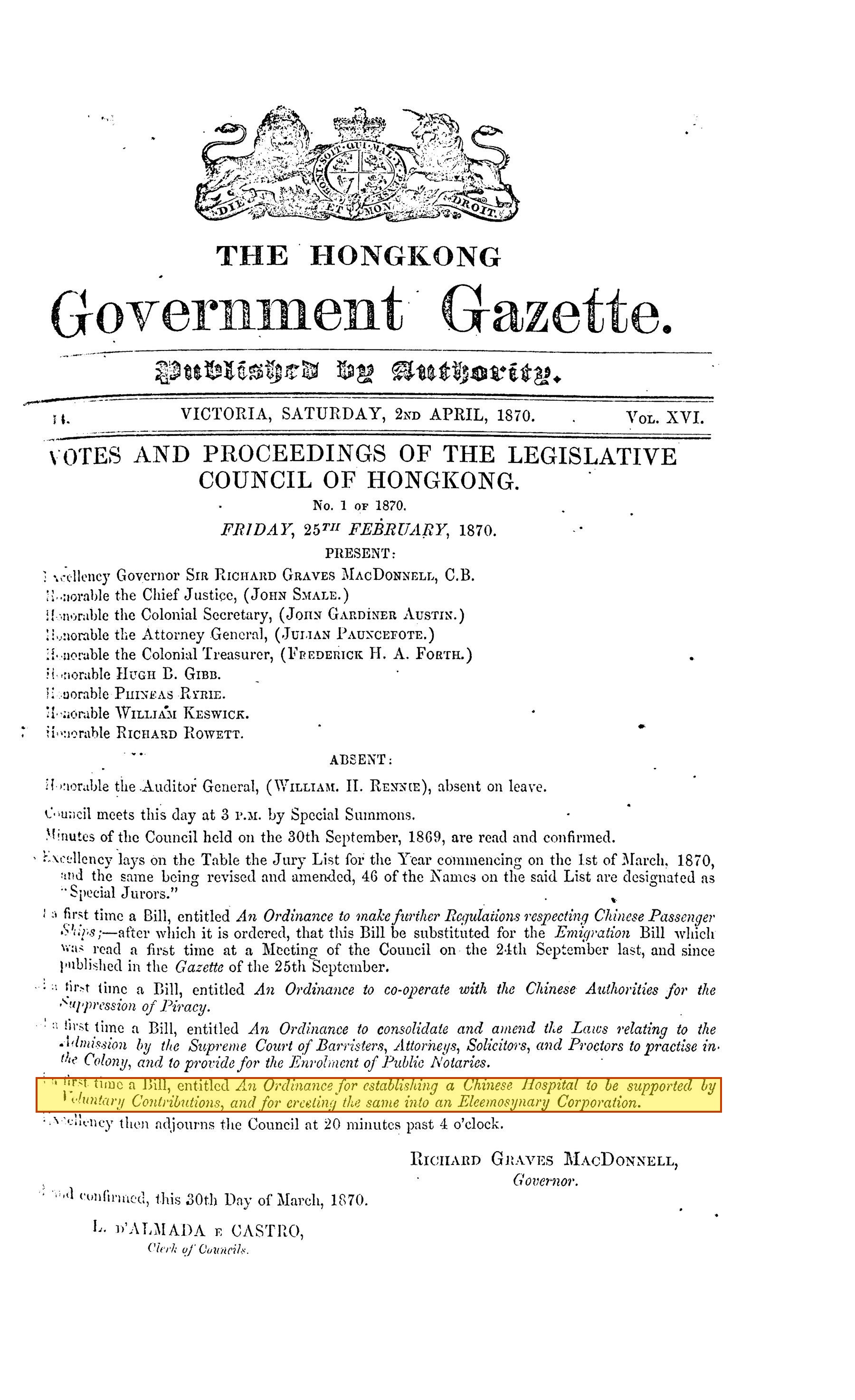 Gazette 2 April 1870, Votes and Proceedings, first reading highlighted