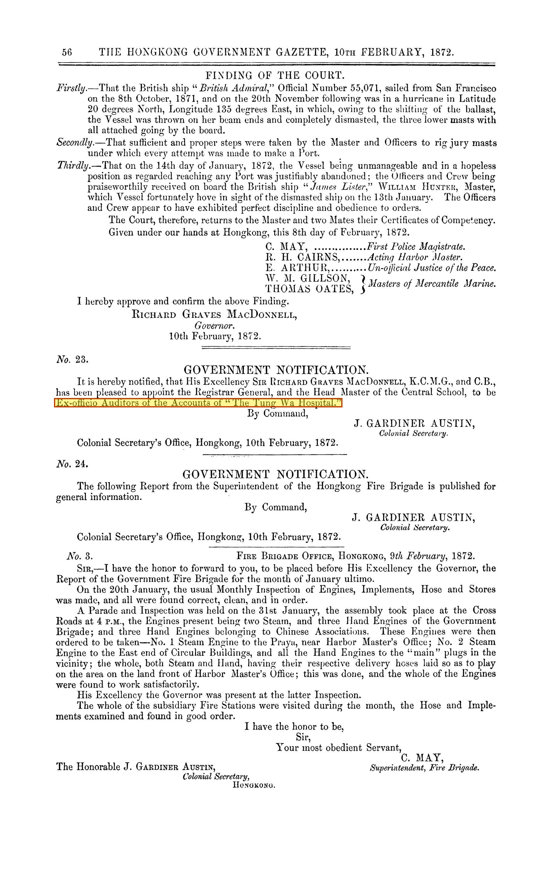 Gazette 10 February 1872, Notification No. 23 auditors highlighted
