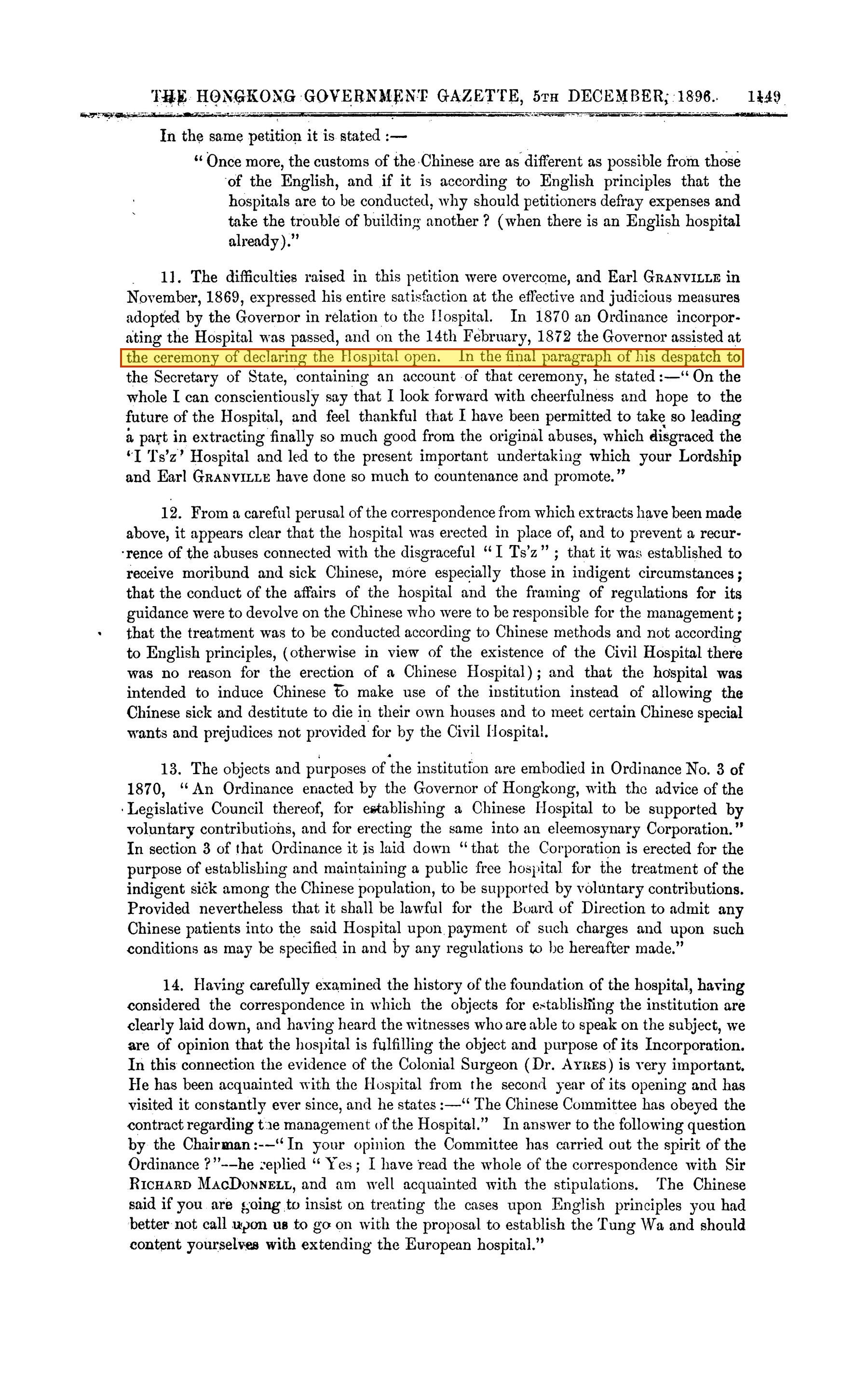 Gazette 5 December 1896, majority report printed p. 1149, highlighted