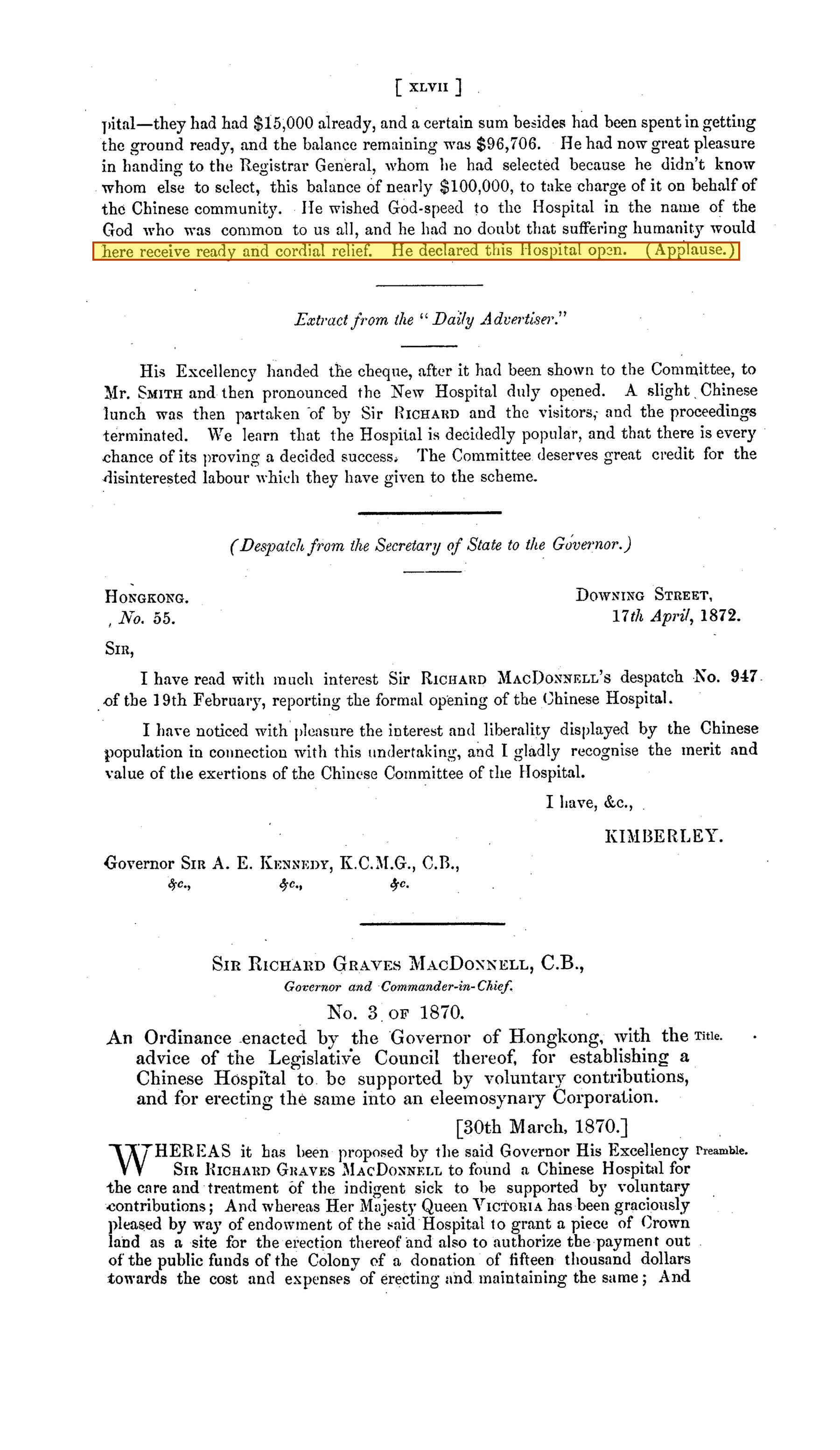 Sessional Papers 1896, opening of the Chinese Hospital highlighted