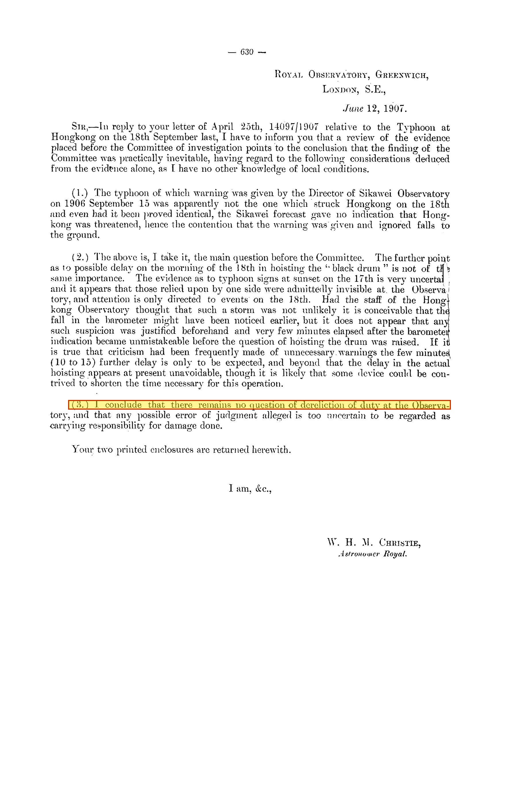 Sessional Paper 1907 Christie letter, highlighted