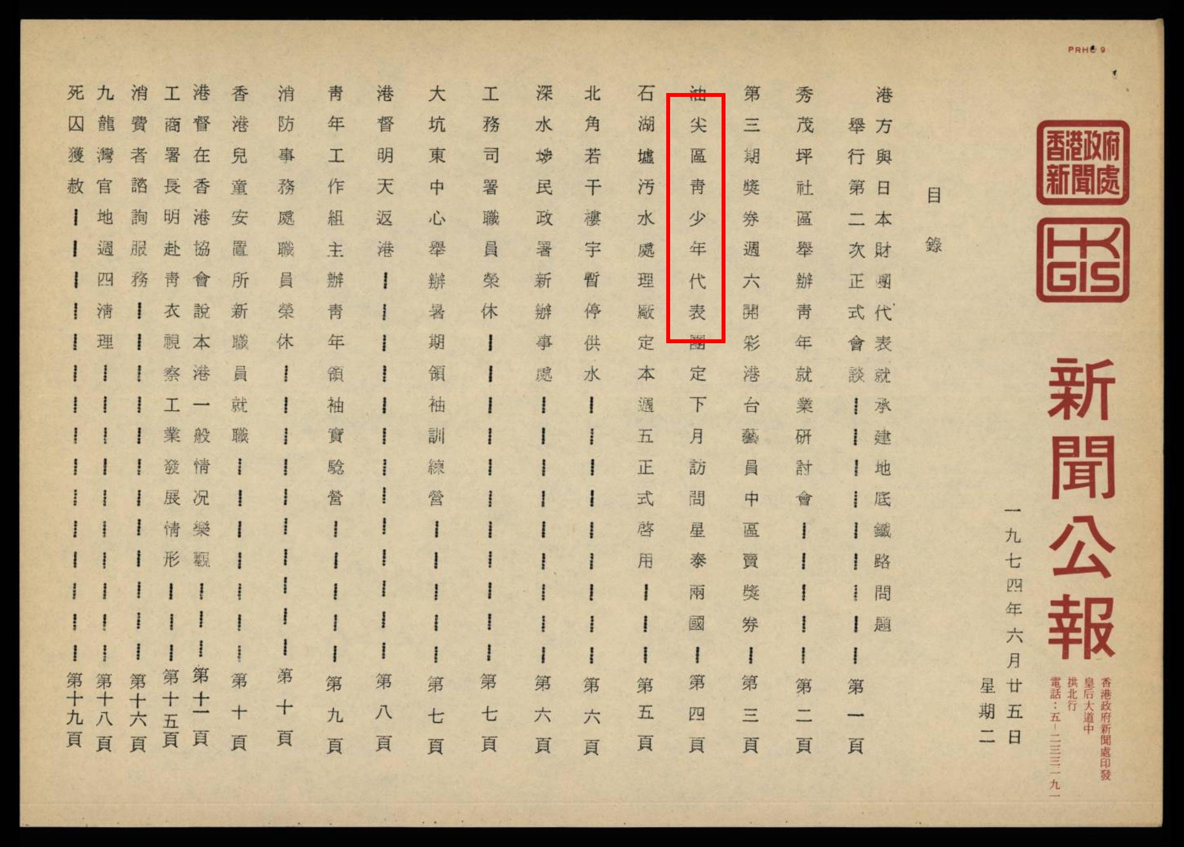 1974 Daily Information Bulletin contents page, boxed 油尖區青少年代表團